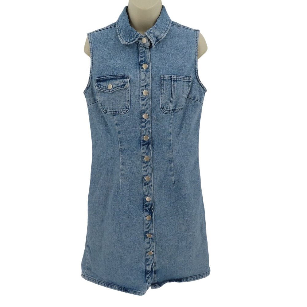 Newport News Jeanology Women 10 Collared Sleeveless Blue Denim Jean Snap Dress